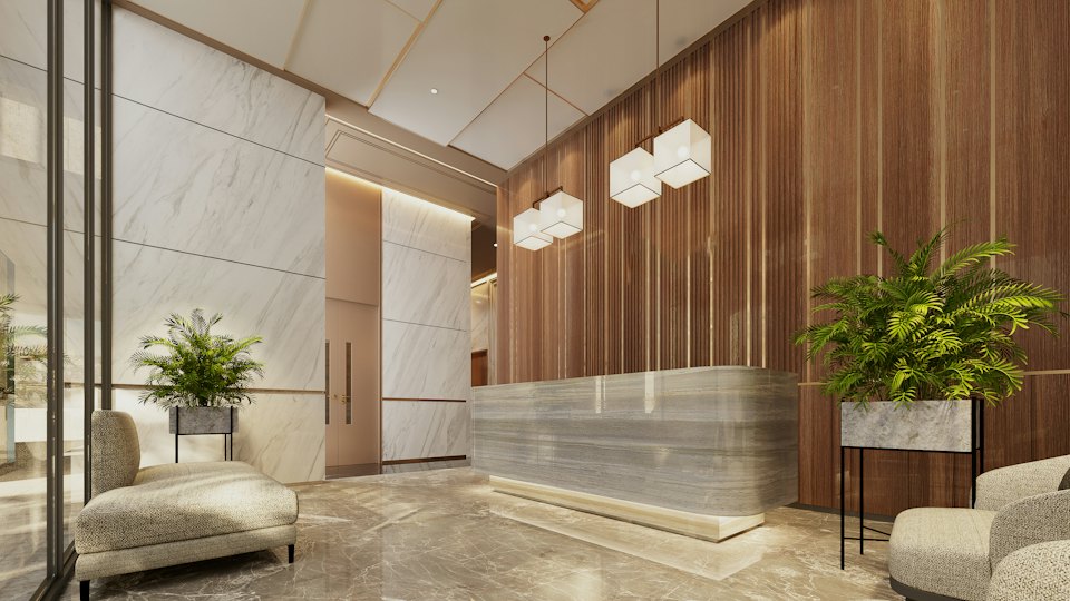 Bright, elegant reception area with marble finishes